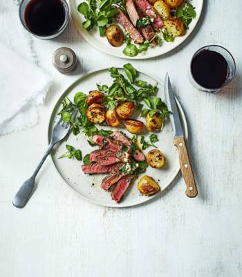 Steak with anchovy butter and mustard roast potatoes 