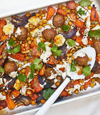 Falafel, carrot and halloumi traybake
