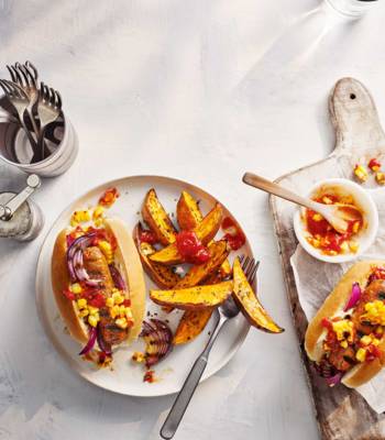 Vegan hot dogs with corn relish