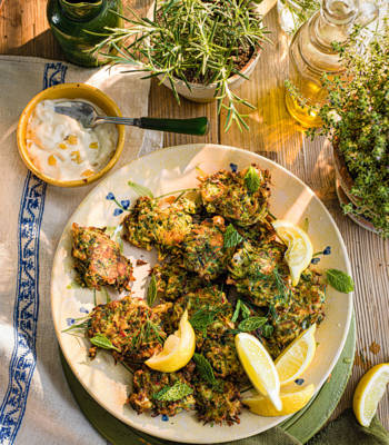 Courgette and feta fritters, preserved lemon, dill and mint 