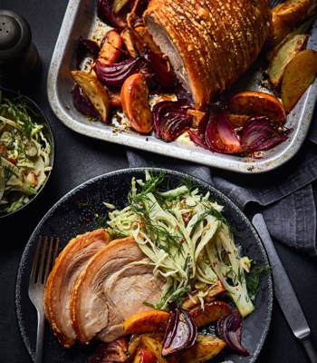 Crackling good pork and apple traybake with crunchy pickle slaw