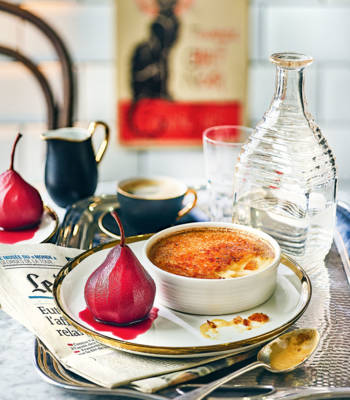 Gingerbread crème brûlée and mulled wine pears