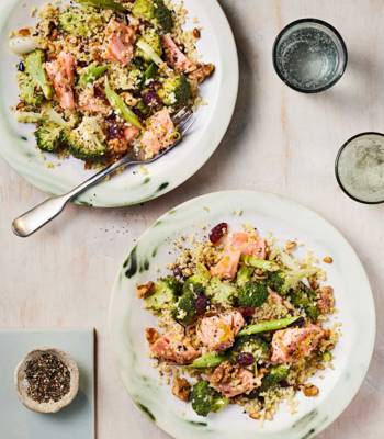 Zesty salmon and roasted broccoli bulgur