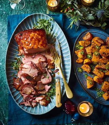 Tamarind-and-ginger jam-glazed ham with nutmeg and sweet potatoes