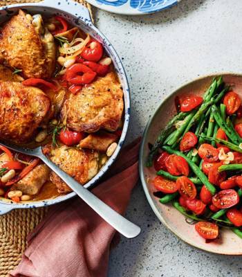 Crispy chicken and sausages with pickled peppers