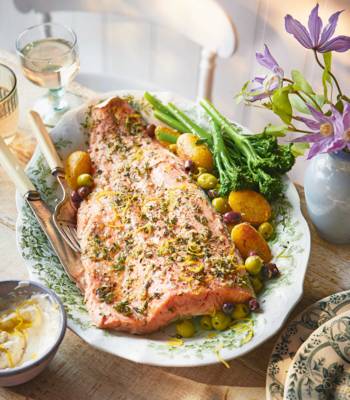 Roast salmon and potatoes with preserved lemon aioli