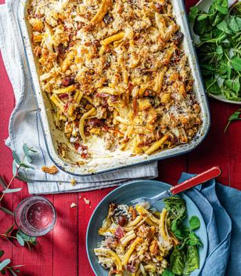 Sausage, salami and chestnut pasta bake