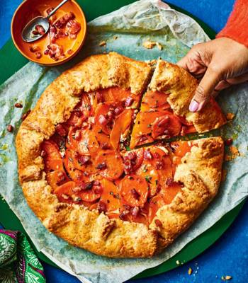 Squash and sweet potato galette with bacon butter
