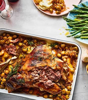 Lamb shoulder, caramelised onions and olives with buttered asparagus