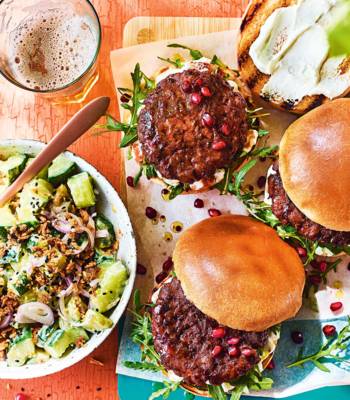 Sticky pomegranate beef burgers with tahini-cucumber salad