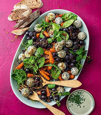 Roasted grape and lentil salad with seeded goat's cheese