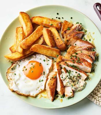 Best oven chips with pork chops and fried eggs