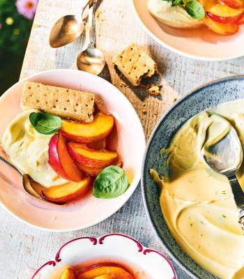 Sharing lime posset with macerated peaches