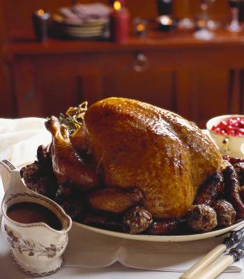 Roast turkey, chestnut stuffing and honey-mustard chipolatas