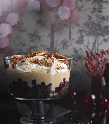 Chocolate brownie, cherry and honeycomb trifle