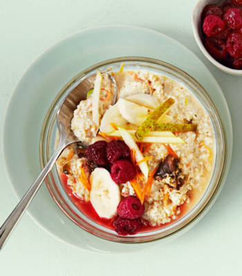 Fig, pear, banana and berry Bircher muesli