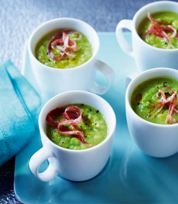 Pea and celeriac soup shots with shredded jamón