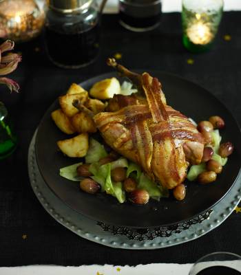 Roast pheasant with grapes and sweetheart cabbage