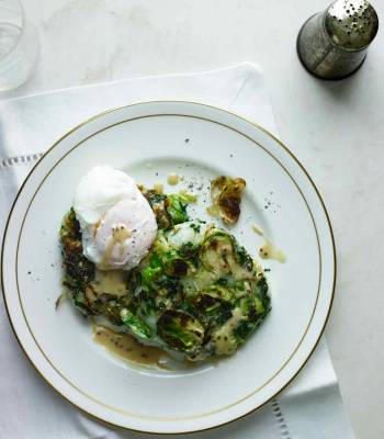 Bubble and squeak cakes with poached eggs and mustard sauce 