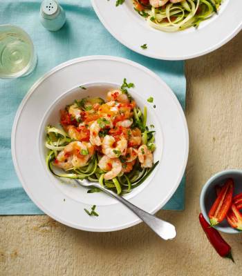 Spicy tomato prawns with courgette ‘spaghetti’ 