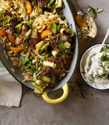  Lamb kebabs with pea, apricot and mint orzo and garlic yogurt  