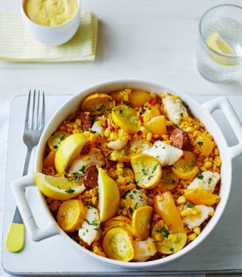 Monkfish, chorizo and vegetable paella with saffron aioli