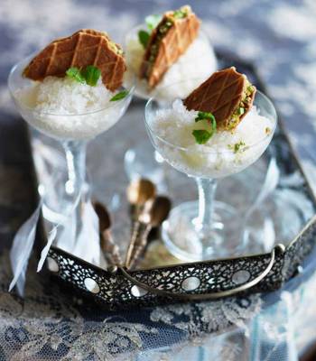 Mint julep granita with lemon waffle biscuits