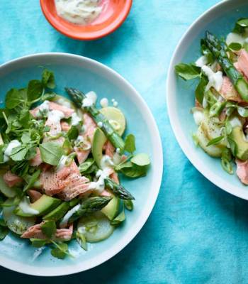 Hot smoked trout, new potato and pea shoot salad