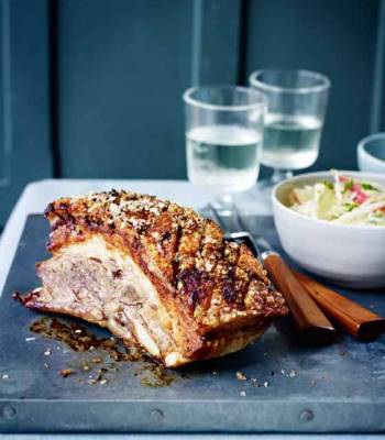 Slow-roast pork belly with apple, celeriac and fennel slaw