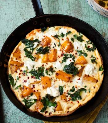 Pumpkin, kale and goats’ cheese frittata