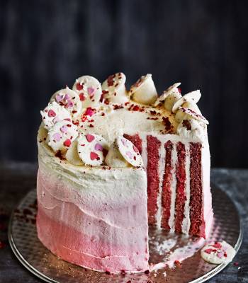 White chocolate, raspberry and coconut gateau