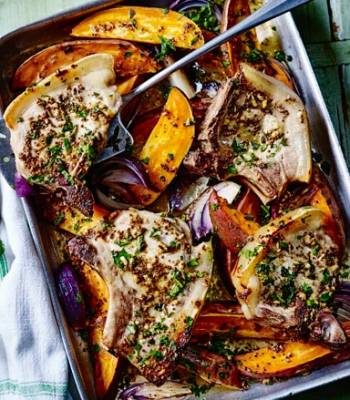 Maple pork chops and sweet potato traybake