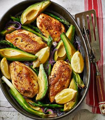 Oven-roasted chicken and avocado with asparagus