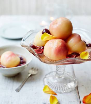 Poached nectarines in elderflower and lemon syrup
