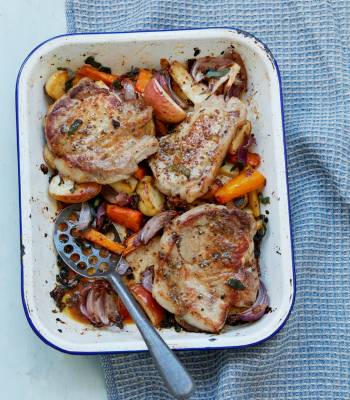 Pork chop, root veg and apple traybake