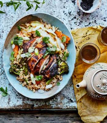 Crispy tea-brined chicken with warm rice salad