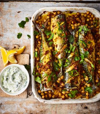 Turmeric roast mackerel with spiced chickpeas and raita
