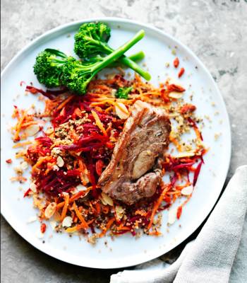 Lamb steaks with beetroot, carrot and almond quinoa salad