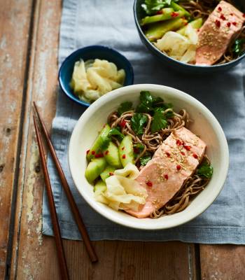Ginger salmon with sesame noodles and cucumber salad
