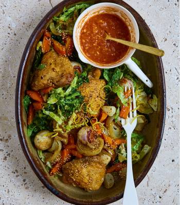 Sesame roast chicken with tomato gravy