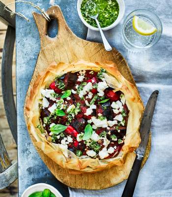 Aubergine, feta and pesto pie