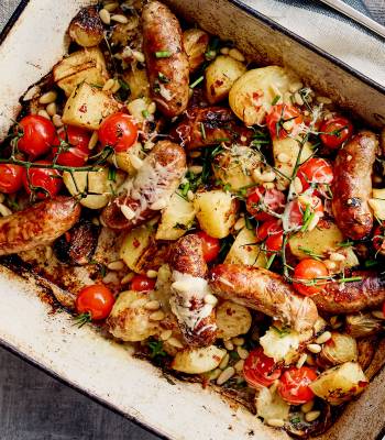 All-in one sausage and crispy potato bake