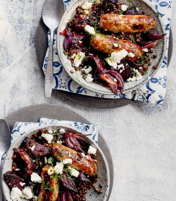Sausages with mustardy lentils, beetroot and feta