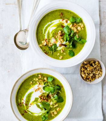 Pea and turmeric soup with walnut crumbs