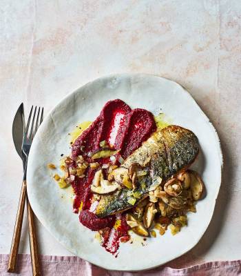 Herbed mackerel with beetroot purée and mushrooms
