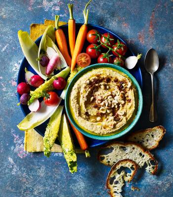 Houmous with ras el hanout and hazelnuts