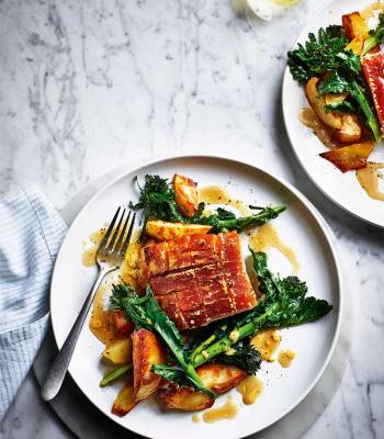 Slow-roast pork with rosemary potatoes and sprouting broccoli