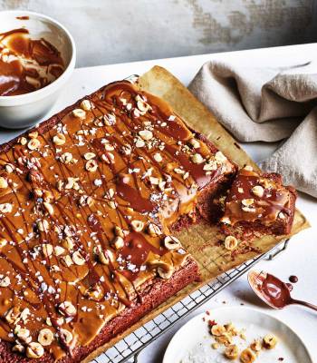 Chocolate hazelnut traybake with salted caramel icing