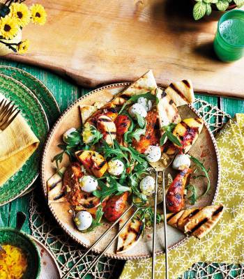 Charred chorizo, peach & pitta panzanella 