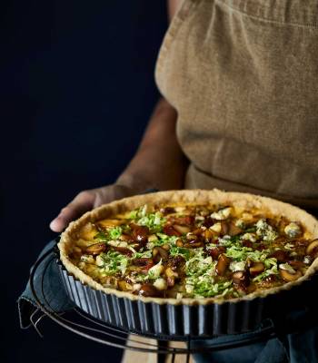 Brussels sprout, chestnut and bacon tart